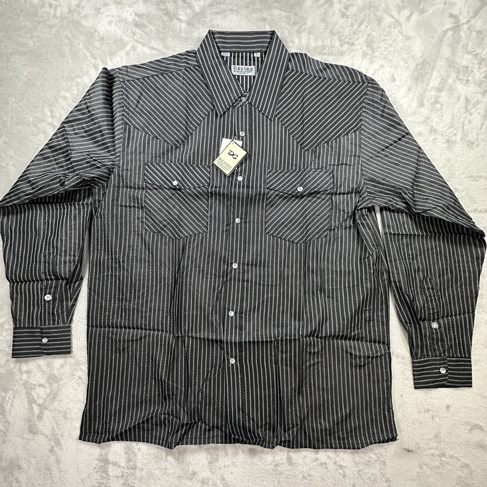 Desire Collection Dress Shirt Mens Large Black White Zig Zag Stripe Pearl Snap